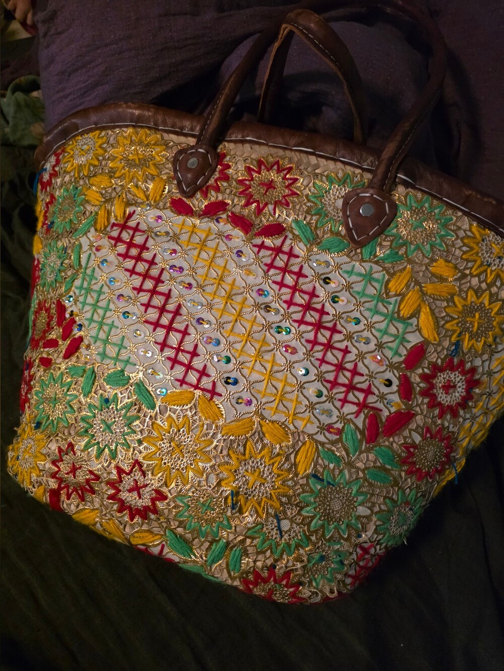 Embroidered Floral Tote Bag in Yellow, Green & Red